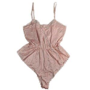 VTG 80s Ashley Taylor Powder Pink Antron Nylon Lace High Cut Teddy Lingerie Sz M